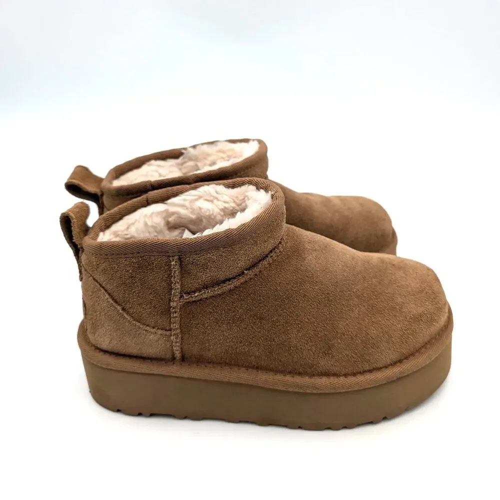 UGG Classic Ultra Mini Platform Boots Round Toe Kids' Chestnut Size US1 EU32.5